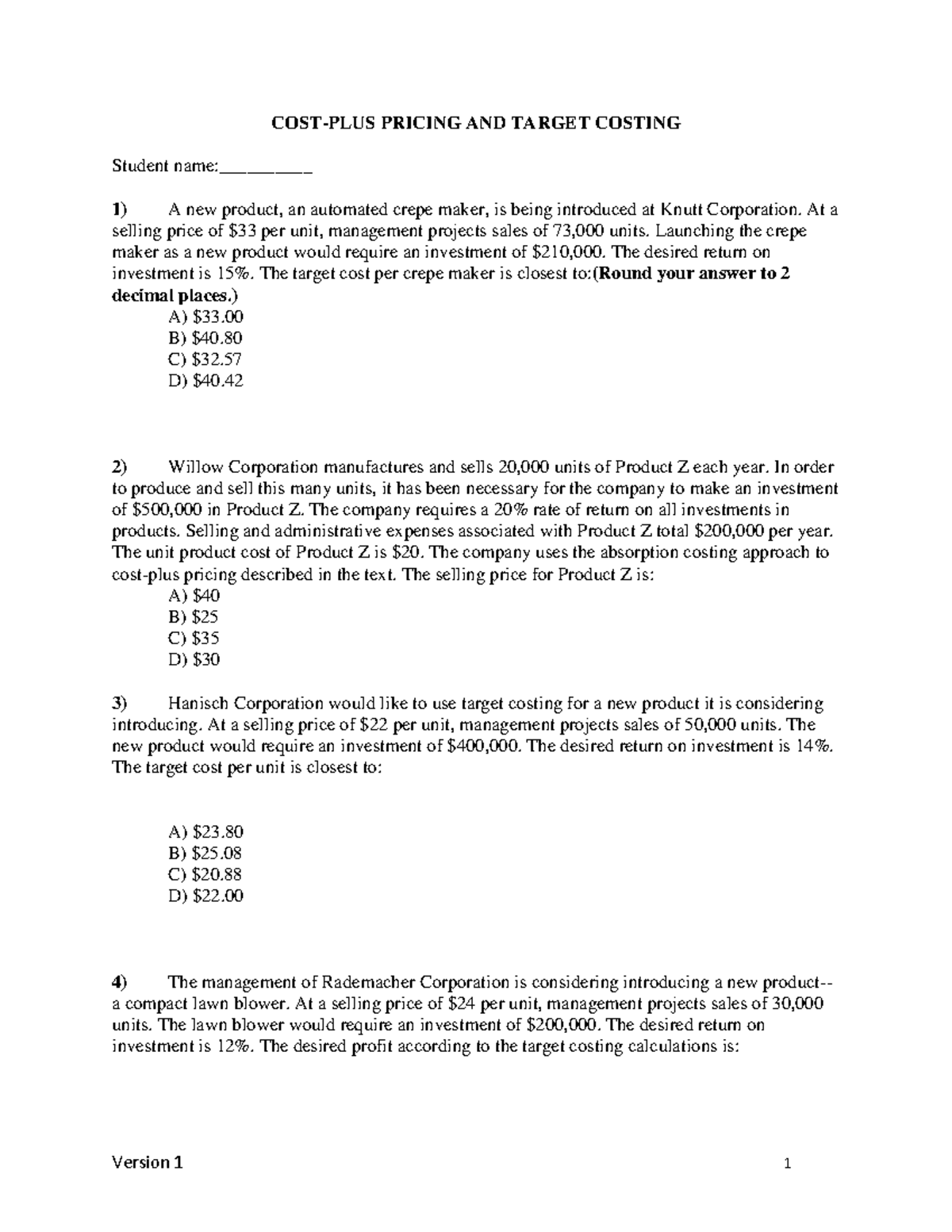 MCQsPricing and target costing COSTPLUS PRICING AND TARGET COSTING