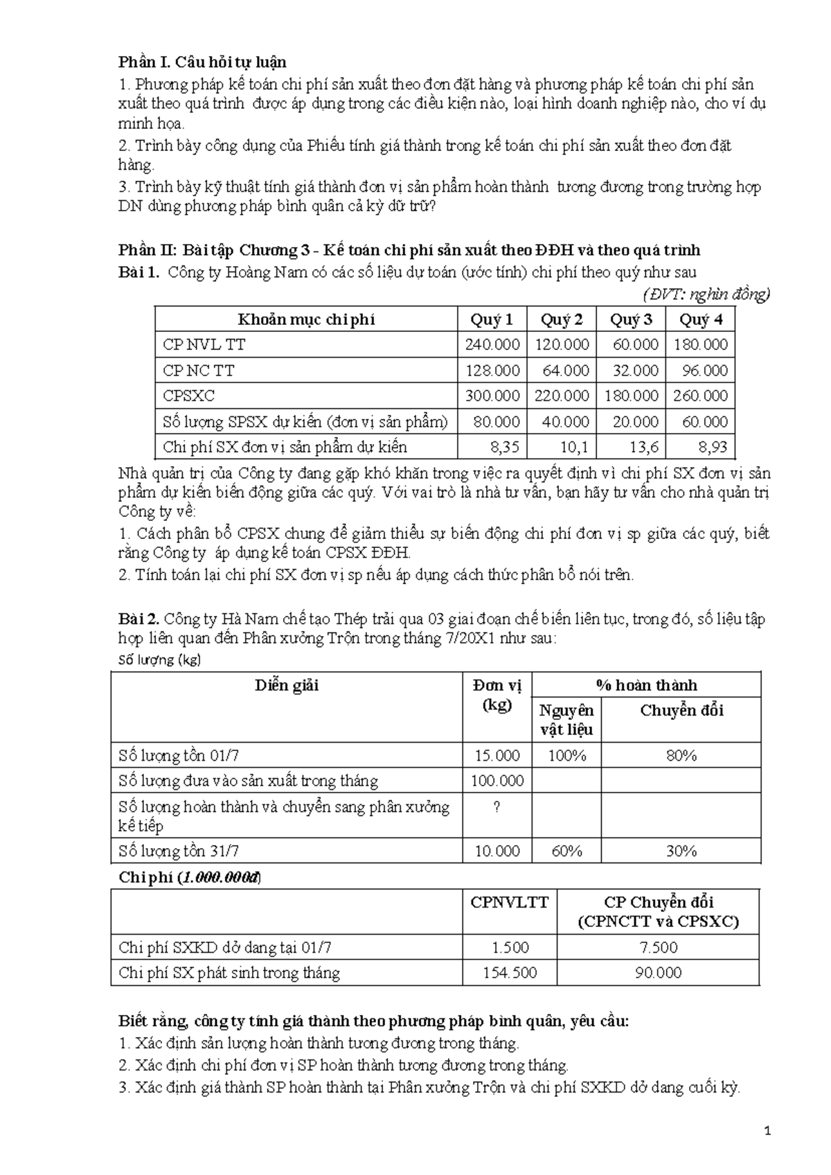 EM4716. CH tự luận và BT- Chuong 3 - Ke toan CPSX va tinh GT. SV - Phần ...