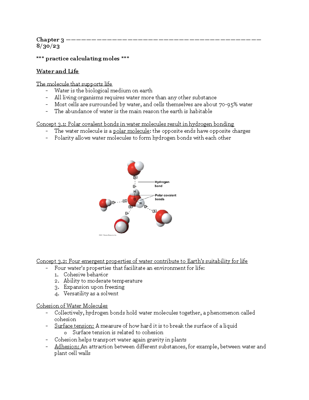 Bio 151 ch3 water and life - Chapter 3 ...