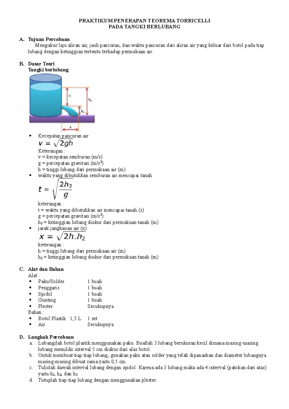 Praktikum Penerapan Teorema Torricelli - PRAKTIKUM PENERAPAN TEOREMA ...