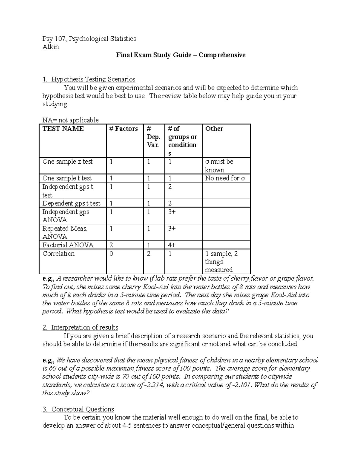 1073 final exam study guide - Psy 107, Psychological Statistics Atkin ...