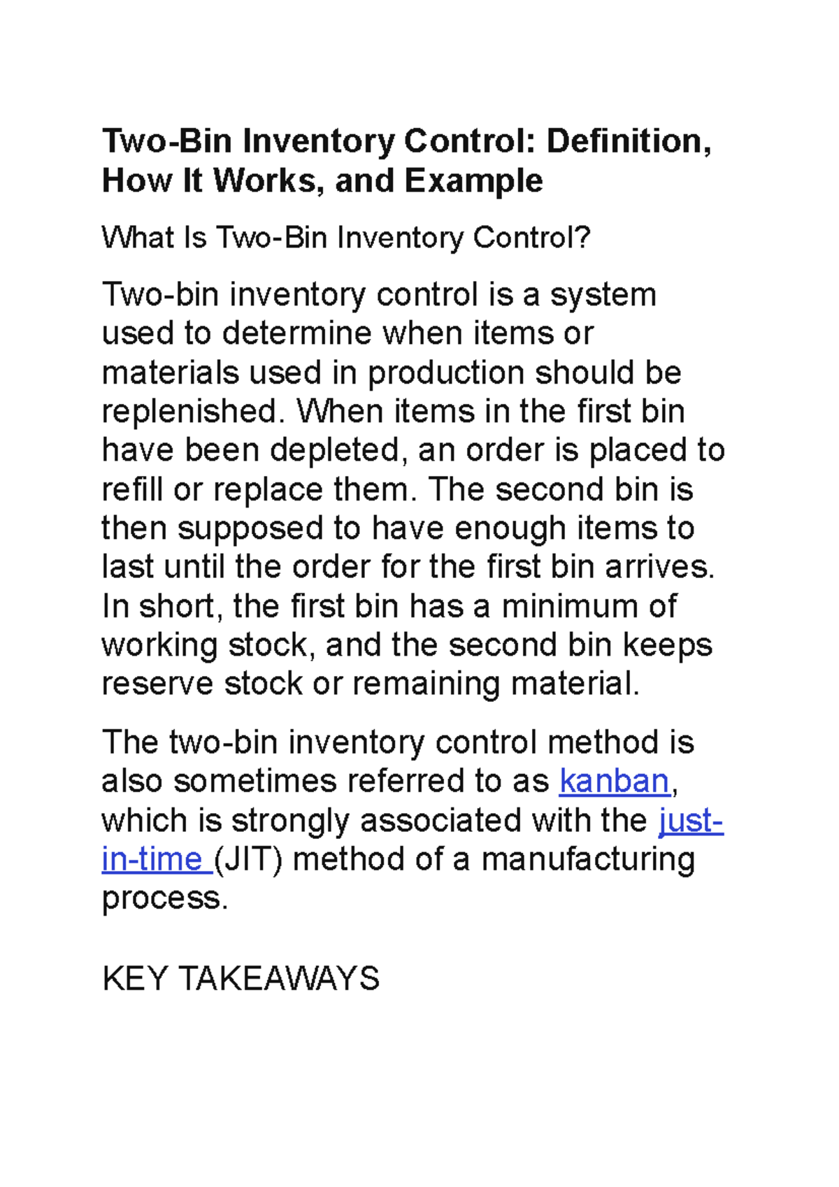 Two Bin System of Inventory Control TwoBin Inventory Control