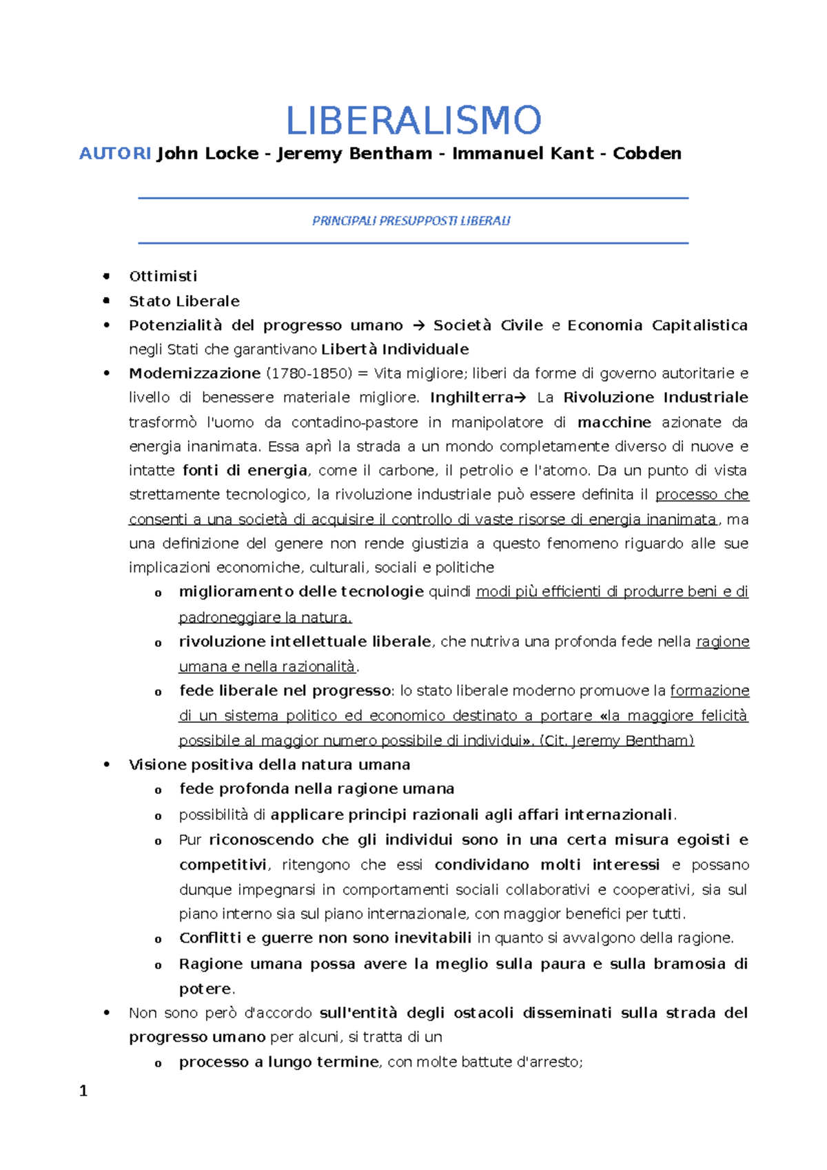 Relazioni Internazionali LIBERALISMO AUTORI John Locke Jeremy