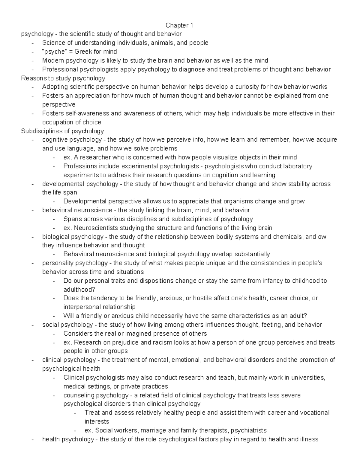 PSY 1001 - Chapter 1-5 Notes - Chapter 1 Psychology - The Scientific ...