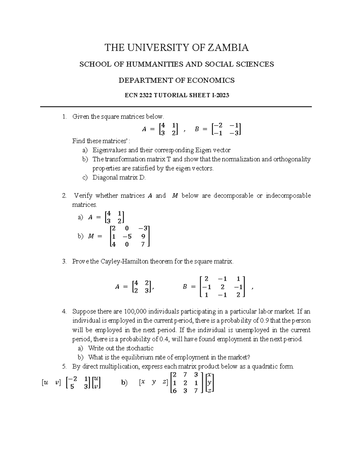 Ecn 2322 Tutorial Sheet The University Of Zambia School Of