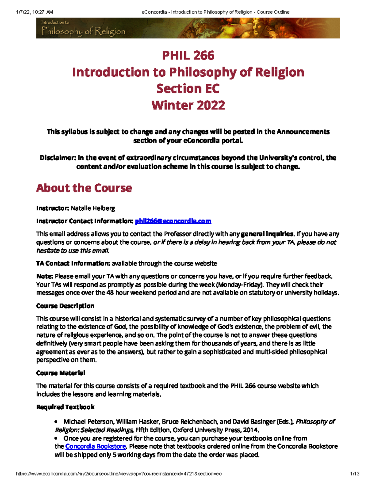 E Concordia - Introduction to Philosophy of Religion - Course Outline ...