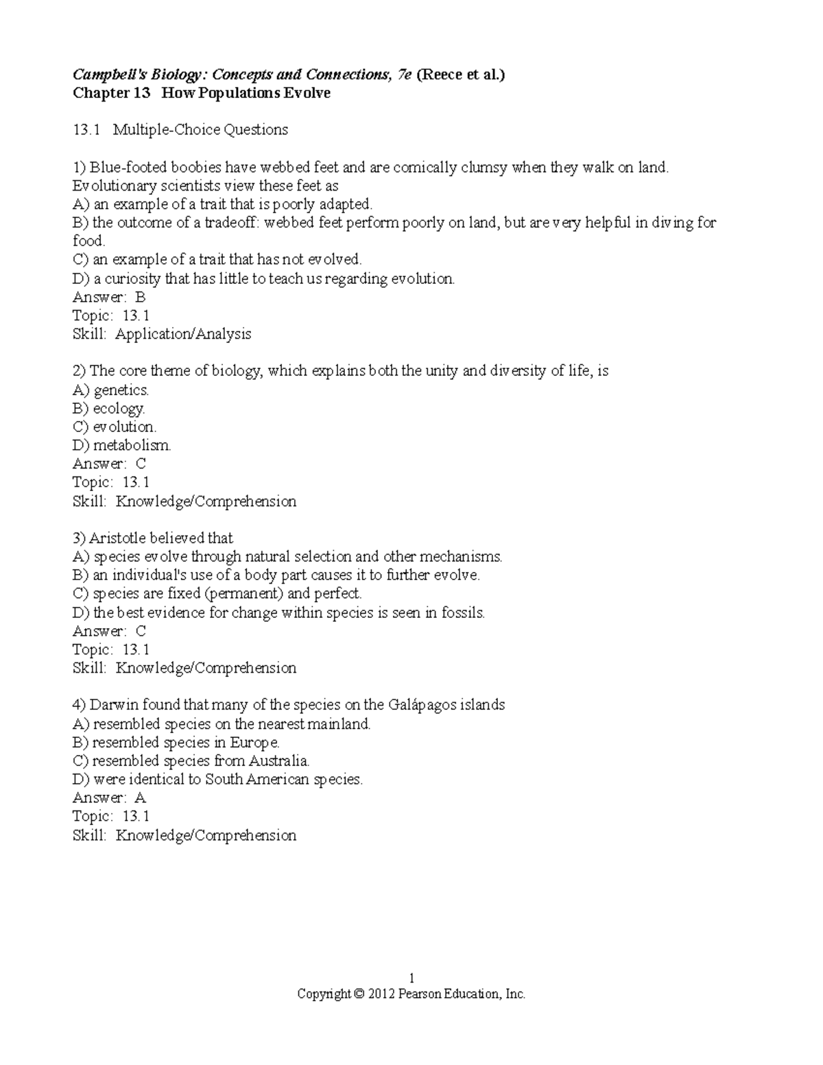 13 Test Bank - Chapter 13 - Campbell's Biology: Concepts And ...