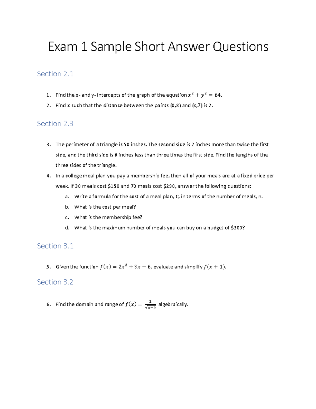 MA 109 Exam 1 short answer Exam 1 Sample Short Answer Questions