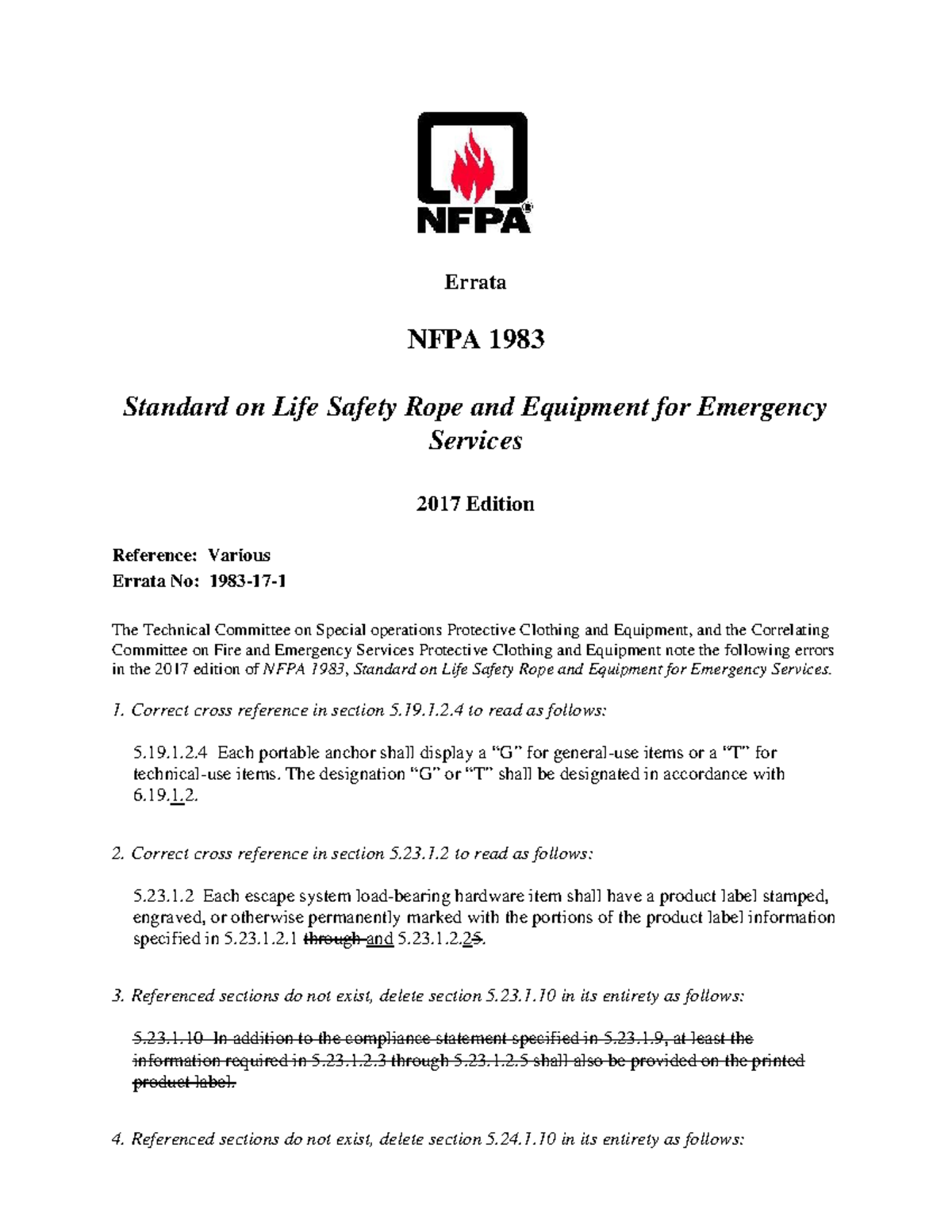Errata 1983 17 1 - Errata NFPA 1983 Standard on Life Safety Rope and ...