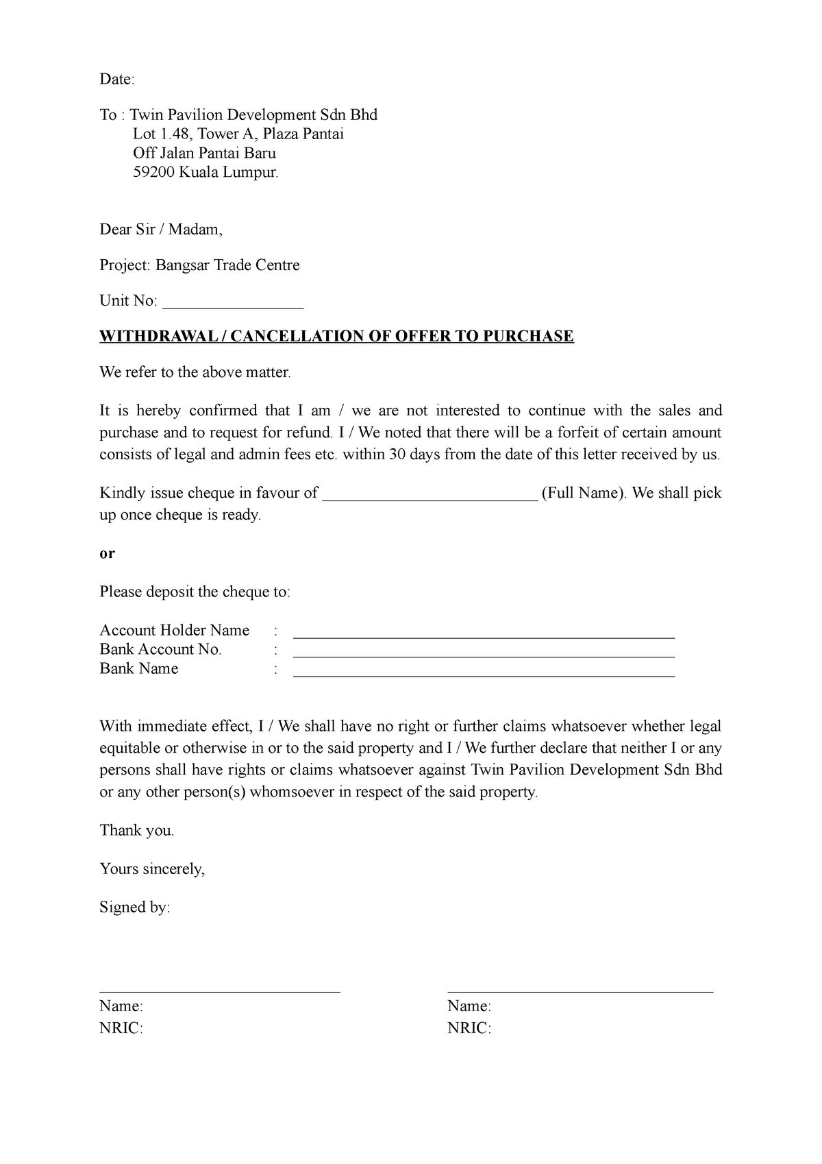 Withdrawal cancellation letter Template-updated 8 - Date: To : Twin ...