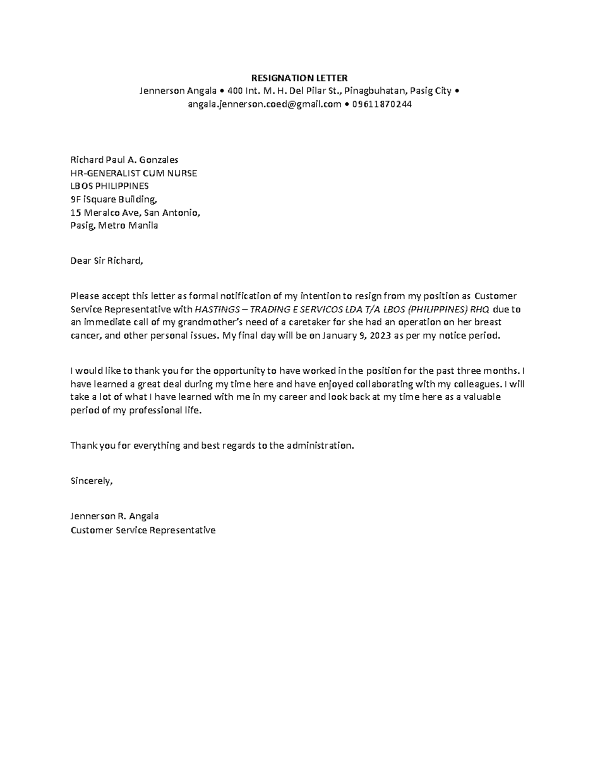 Resignation Letter - File For Sharing - Resignation Letter Jennerson 