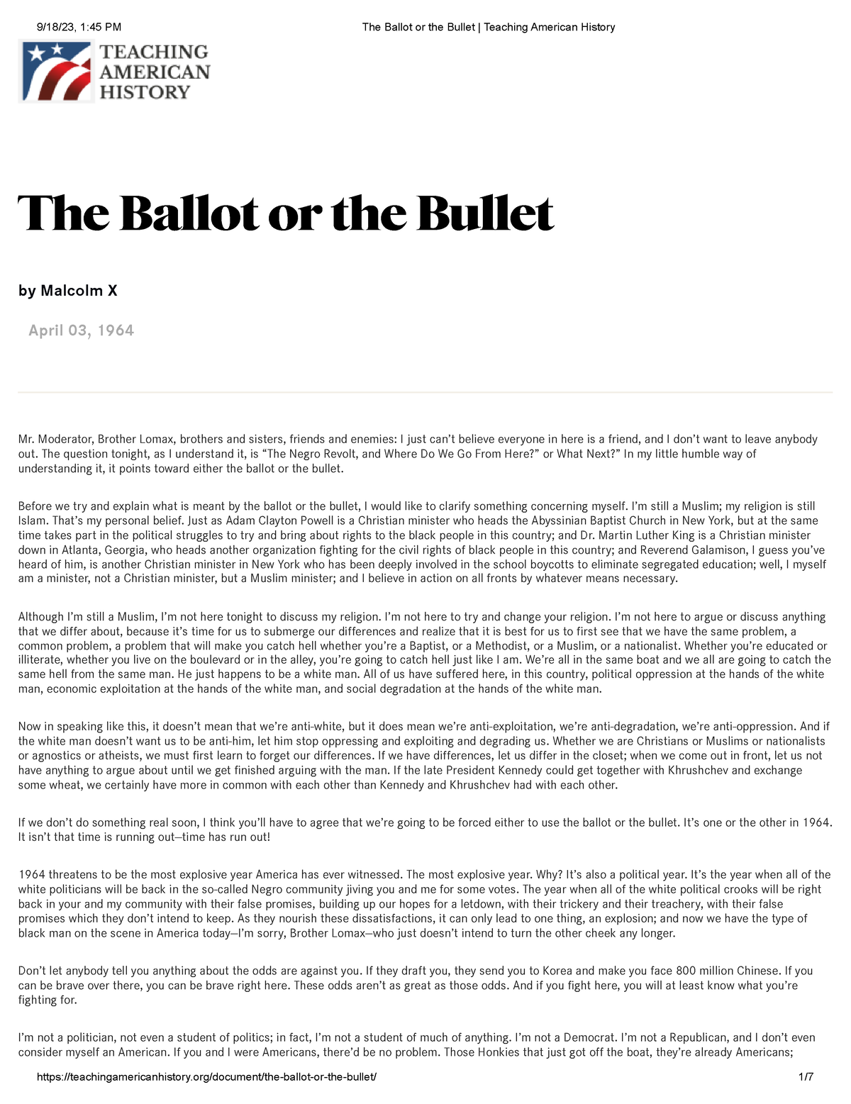 The Ballot or the Bullet Teaching American History - The Ballot or the ...