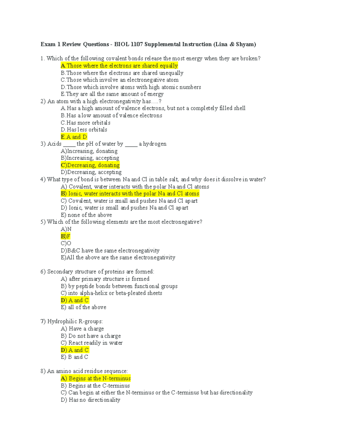 Answer Key - SI EXAM 1 Review Questions - Exam 1 Review Questions ...