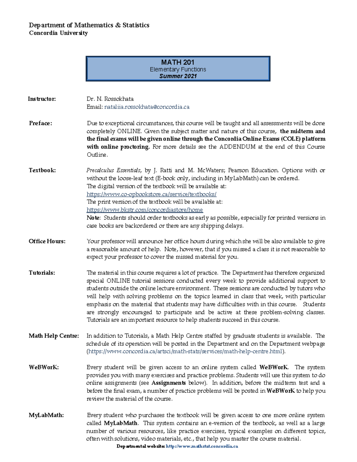 math 201 elementary functions fall semester course outline ...