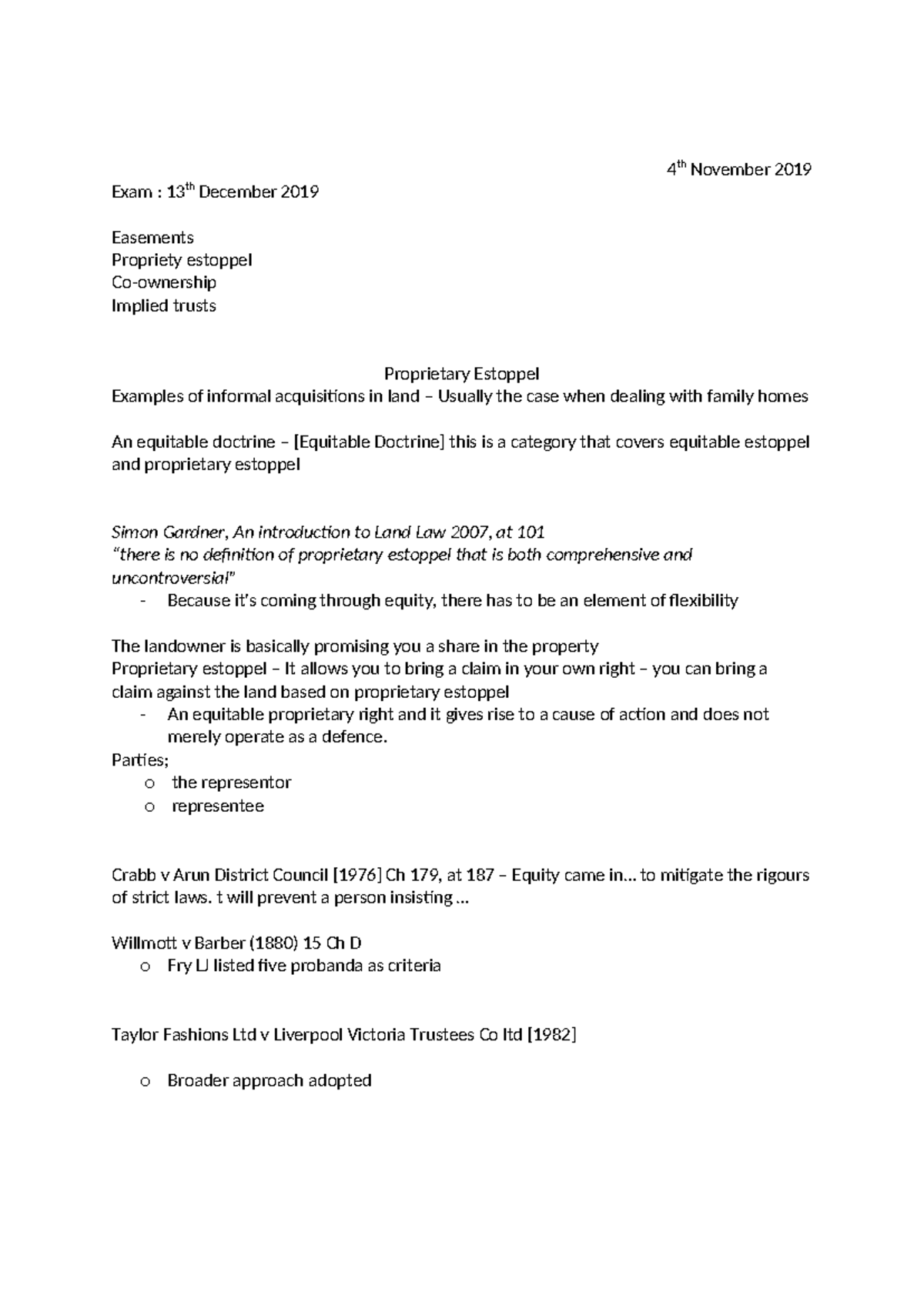 Proprietary Estoppel - 4 th November 2019 Exam : 13th December 2019 ...