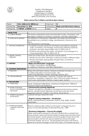 Detailed lesson plan mil - DETAILED LESSON PLAN MEDIA AND INFORMATION ...