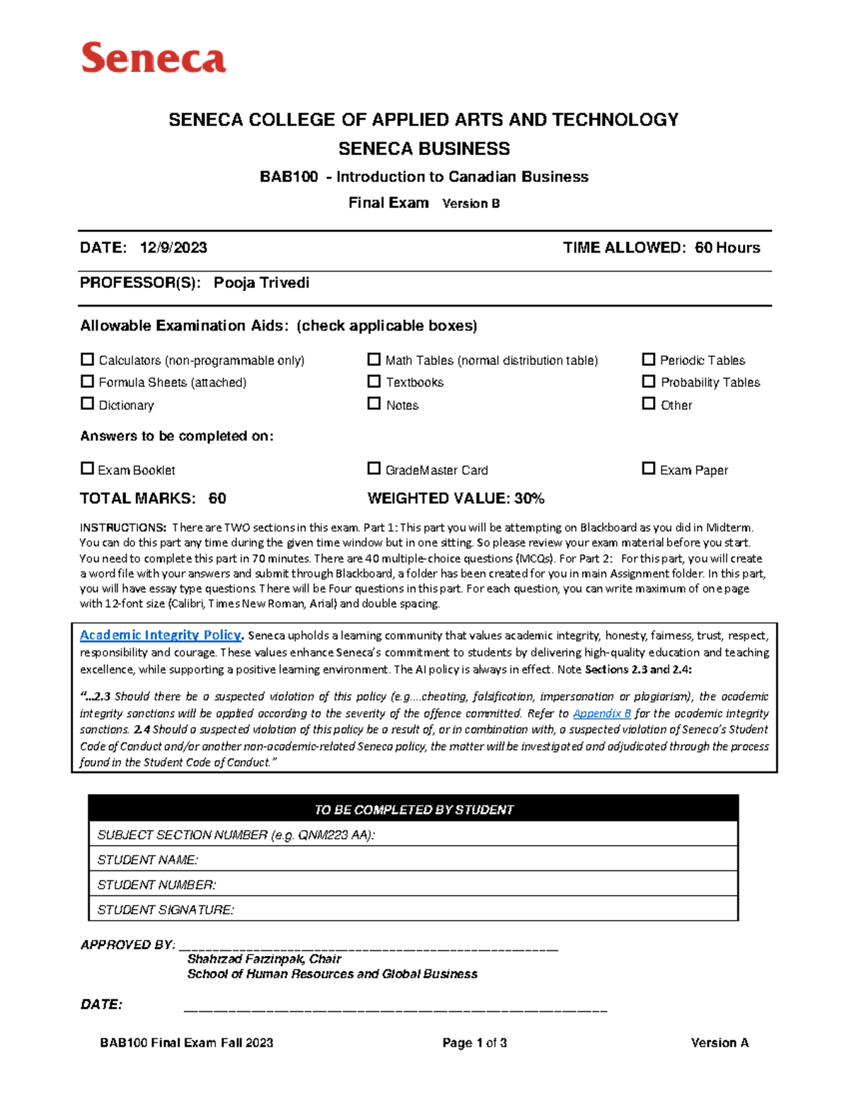 Assignment bab100 - BAB100 Final Exam Fall 2023 Page 1 of 3 Version A ...