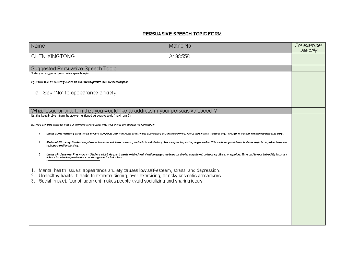 Form A - Persuasive Speech Topic - PERSUASIVE SPEECH TOPIC FORM Name ...