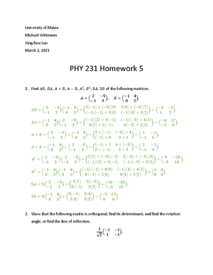 PHY 231 Homework 1 - University Of Maine Michael Wittmann Xingzhou Luo ...