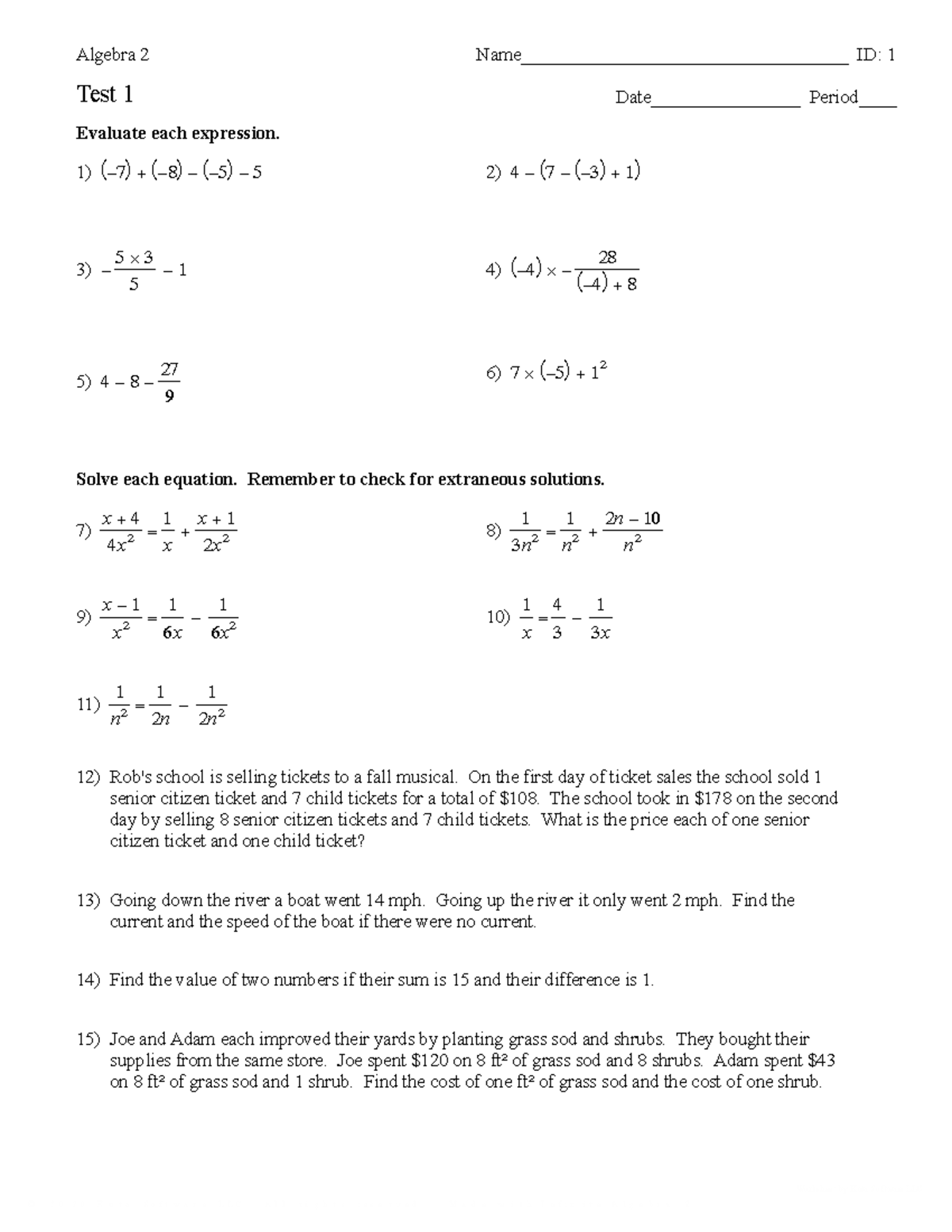 Alg2Test1 - Test for Chapter 1 - ©N R 2 u 0 W 2 0 p aKkuBtaaG zS]o\f ...