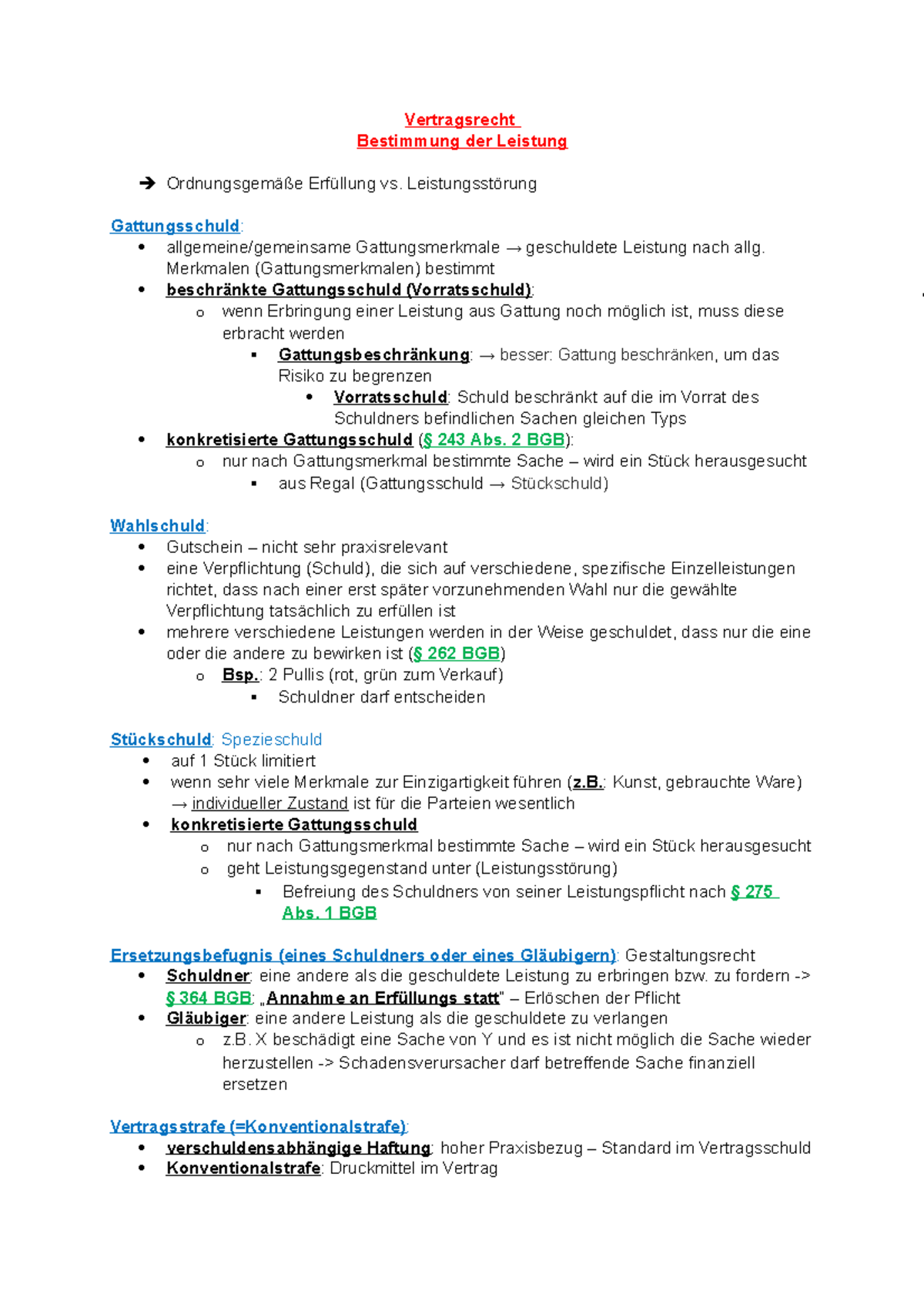 Allgemeines Schuldrecht - Bestimmung Der Leistung - Vertragsrecht ...