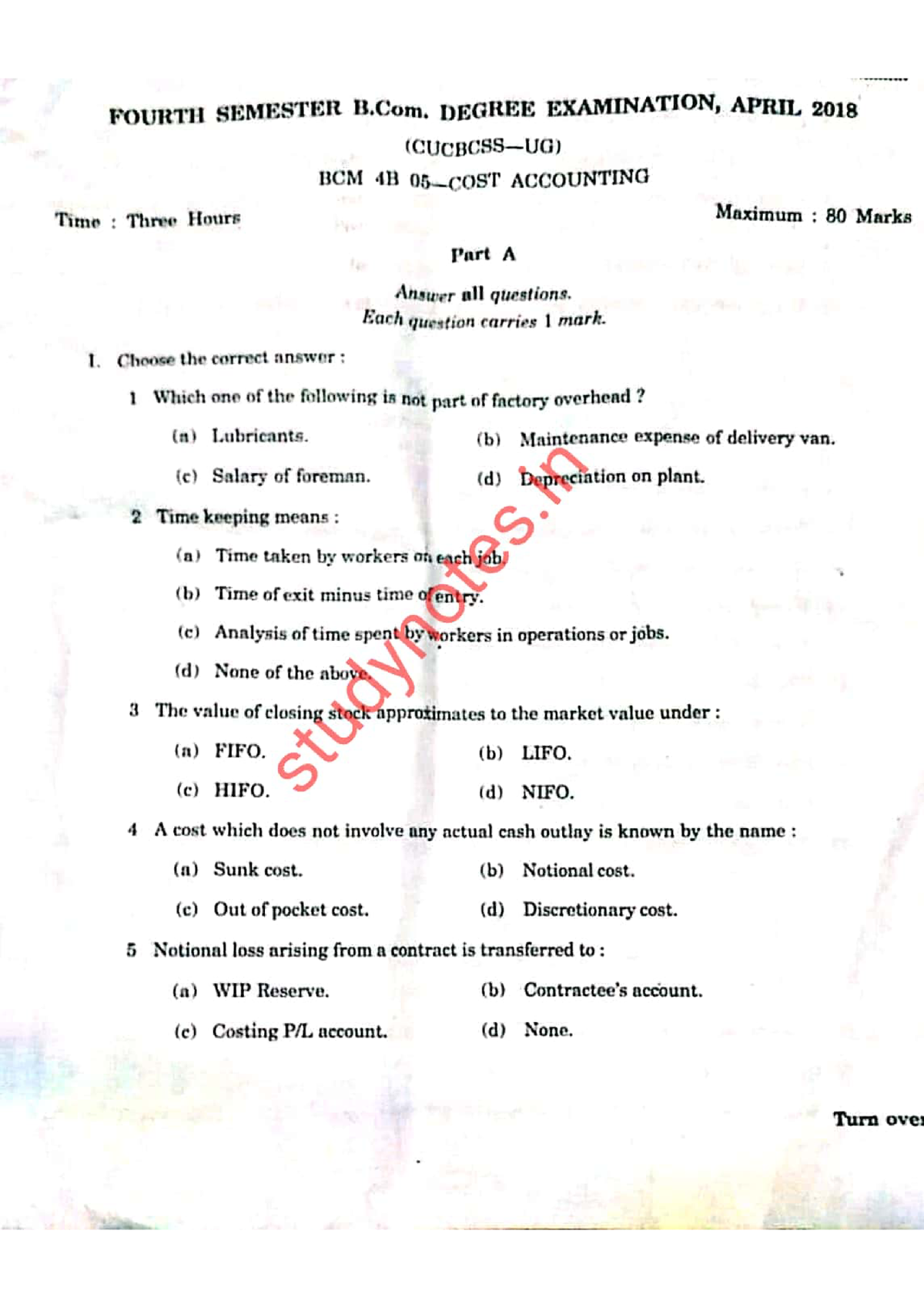 Cost Accounting 2018 Question Paper - B.COM - Studocu