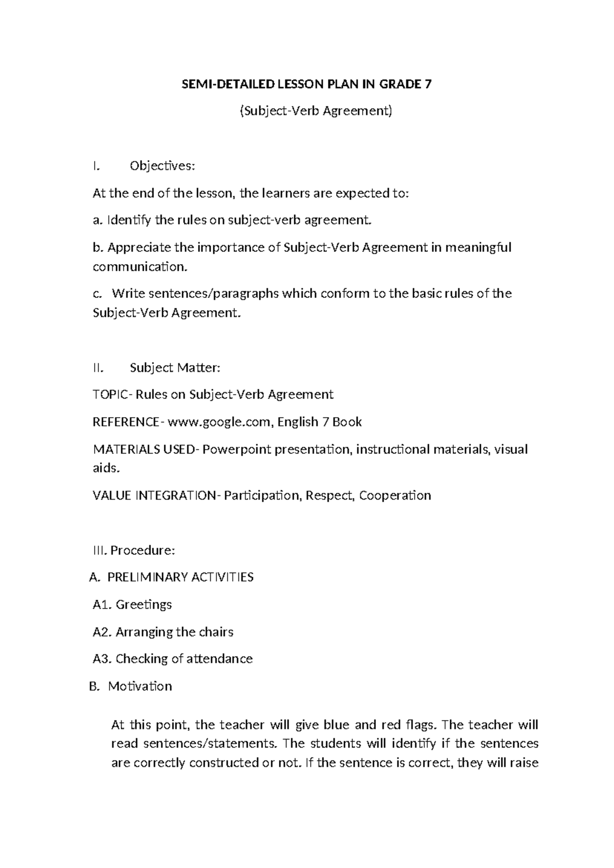 SVA LP - none - SEMI-DETAILED LESSON PLAN IN GRADE 7 (Subject-Verb ...