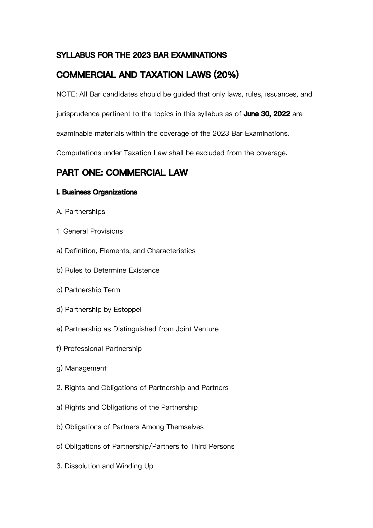 Commercial and Tax Bar coverage SYLLABUS FOR THE 2023 BAR