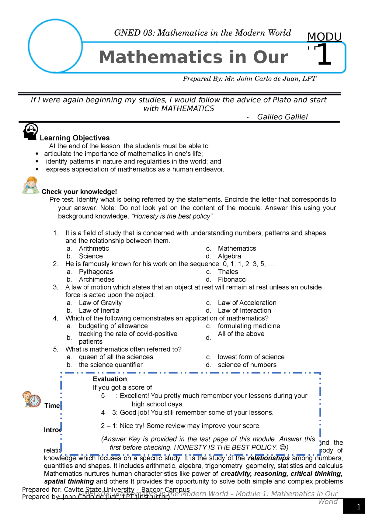 Chapter 1 Module Lecture Notes 1 GNED 03 Mathematics In The 