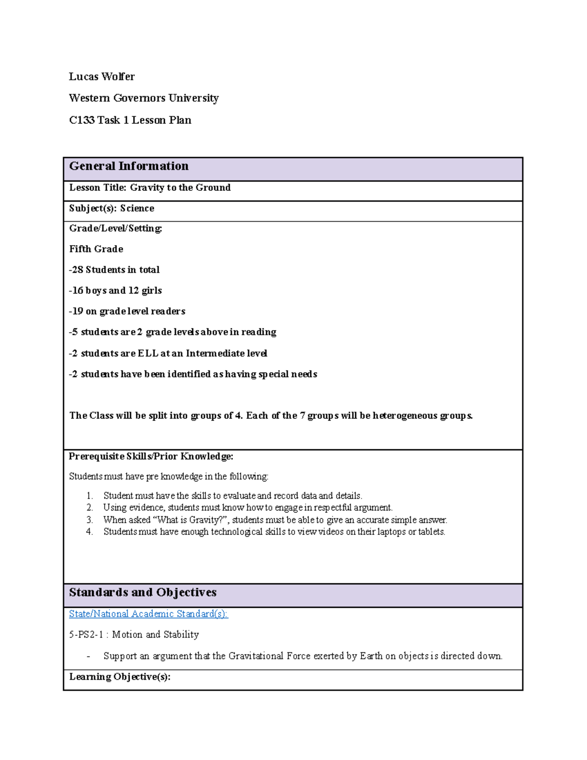 C133 Task 1 Lesson Plan - passed - Lucas Wolfer Western Governors ...