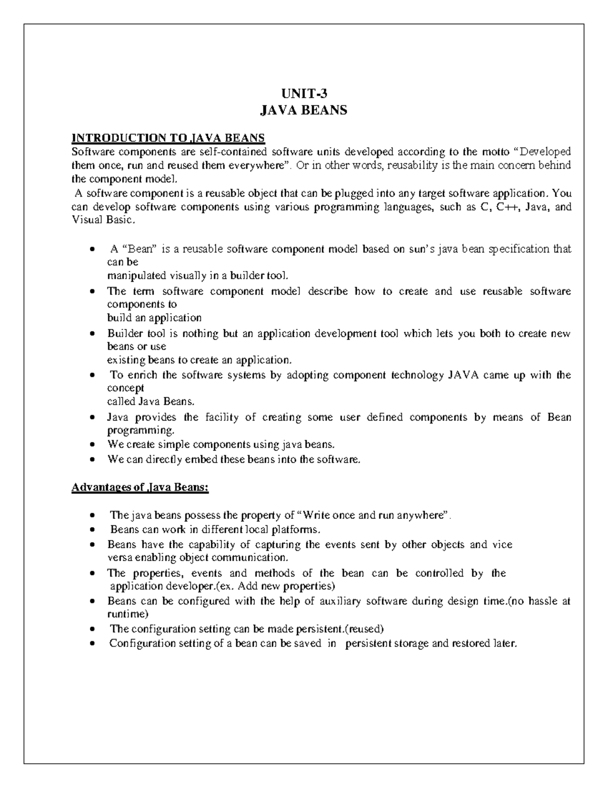 Javabeansunit 3 UNIT JAVA BEANS INTRODUCTION TO JAVA BEANS