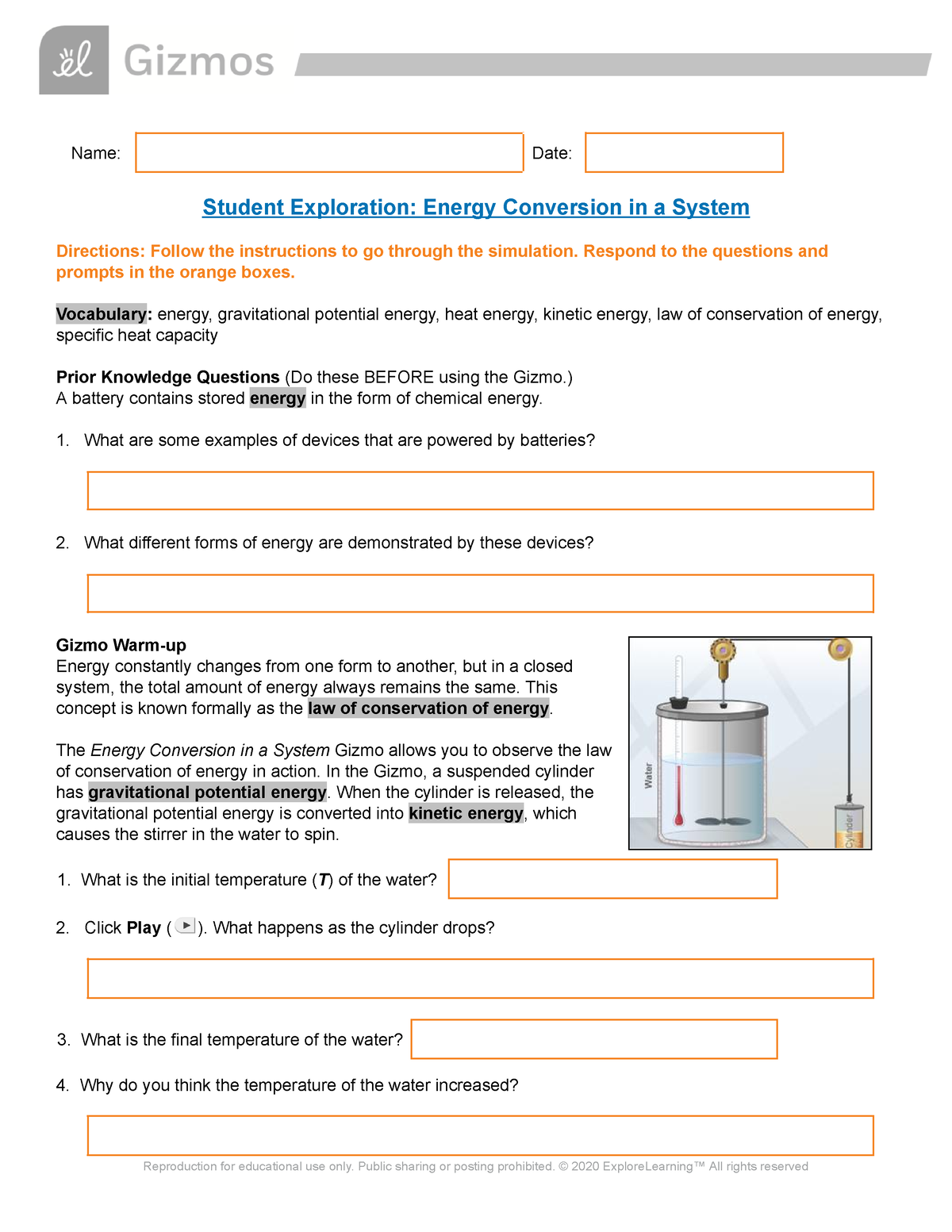 Copy of Gizmo - Energy Conversion in a System - Name: Date: Student ...