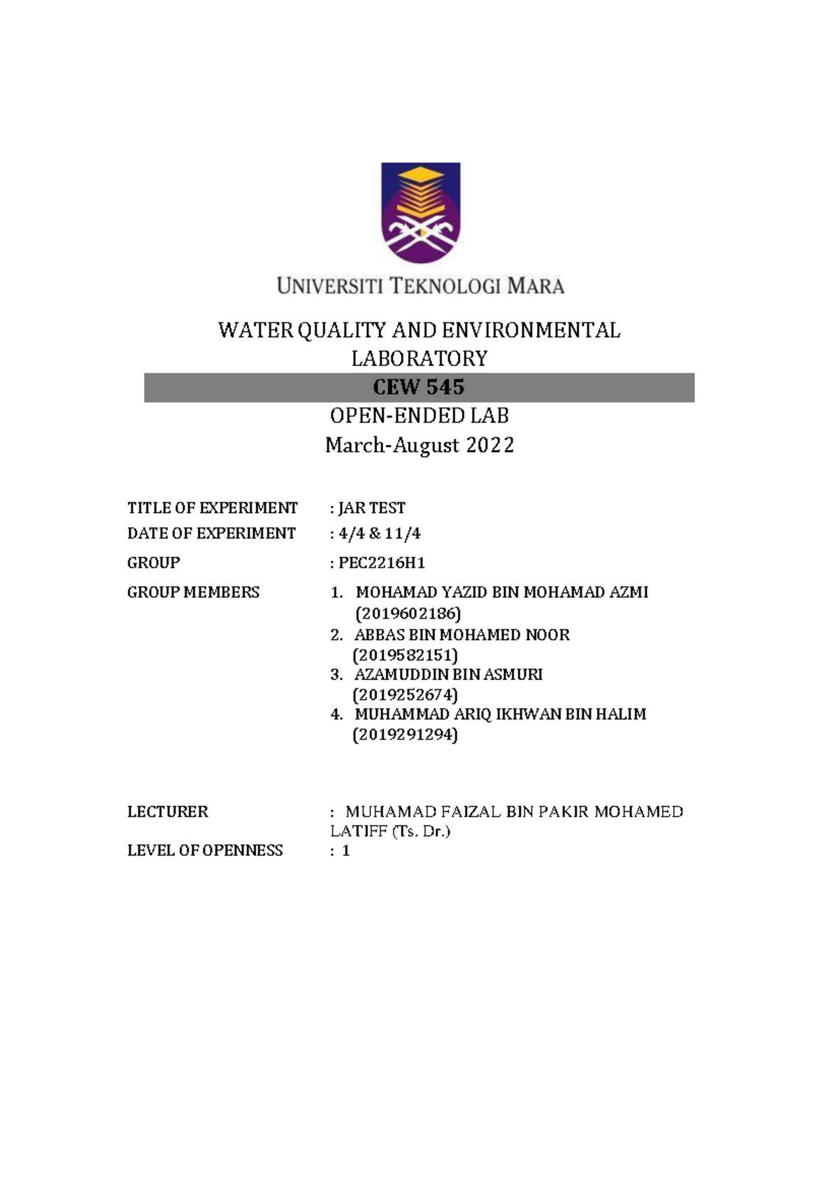 JAR TEST jar test WATER QUALITY AND ENVIRONMENTAL LABORATORY CEW