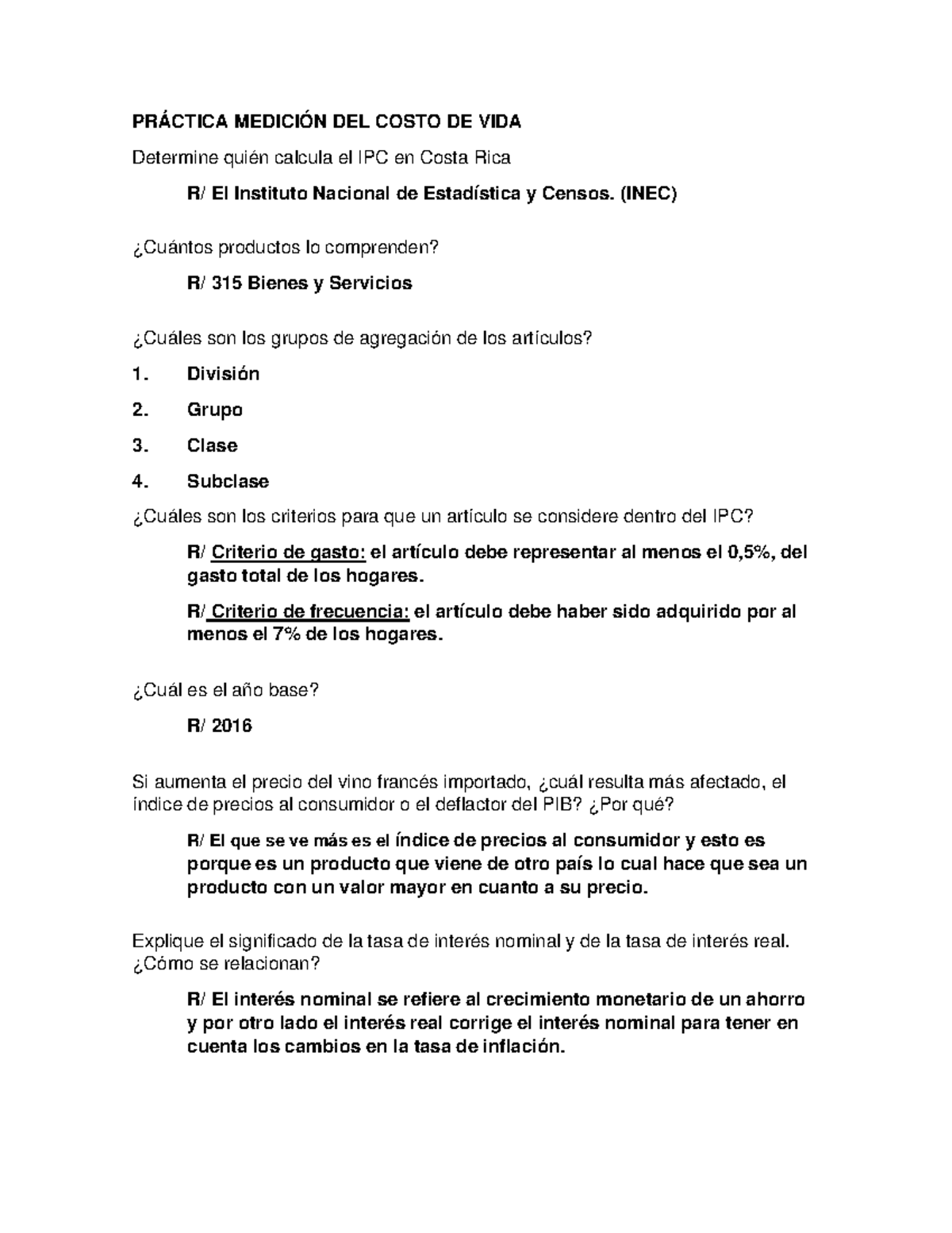 Práctica Medición del Costo de Vida PRÁCTICA MEDICIÓN DEL COSTO DE