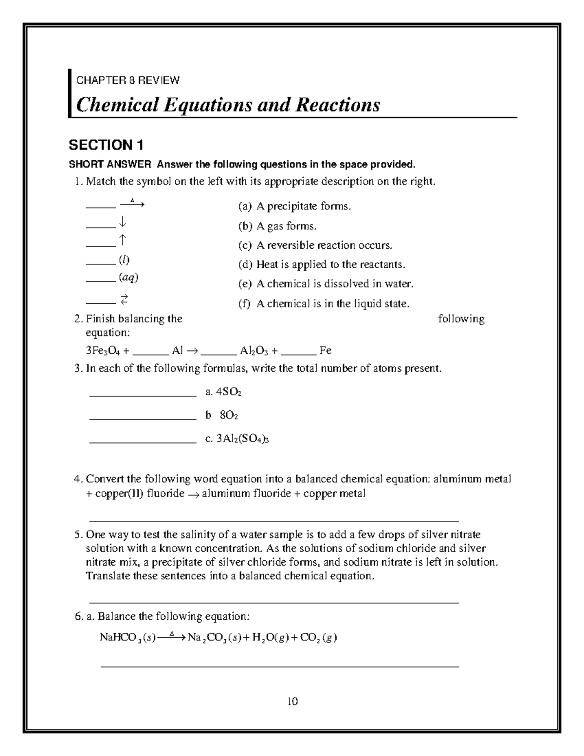 Chemistry worksheet grade 10 ch8 sec1 - 10 CHAPTER 8 REVIEW Chemical ...