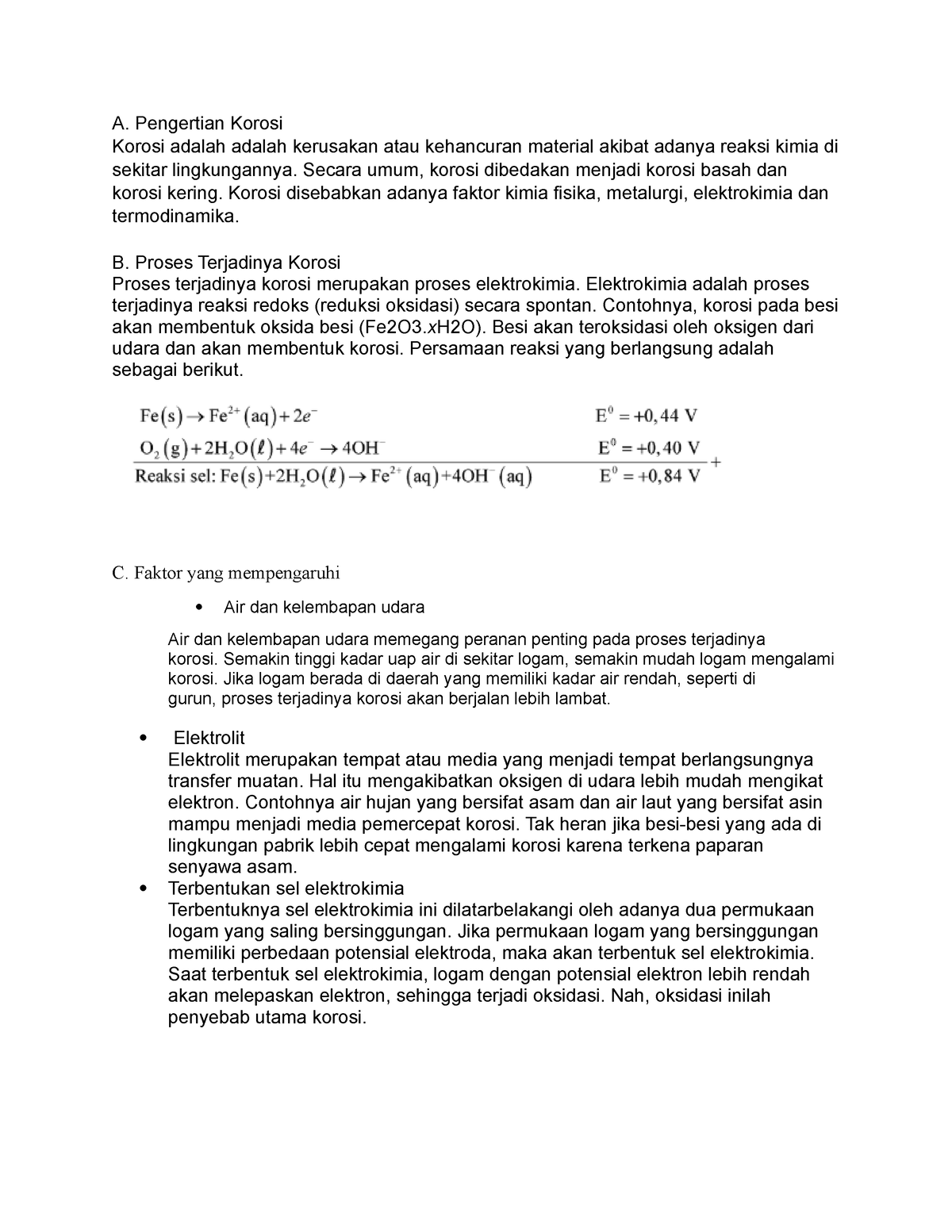 Kimia - Kim - A. Pengertian Korosi Korosi Adalah Adalah Kerusakan Atau ...