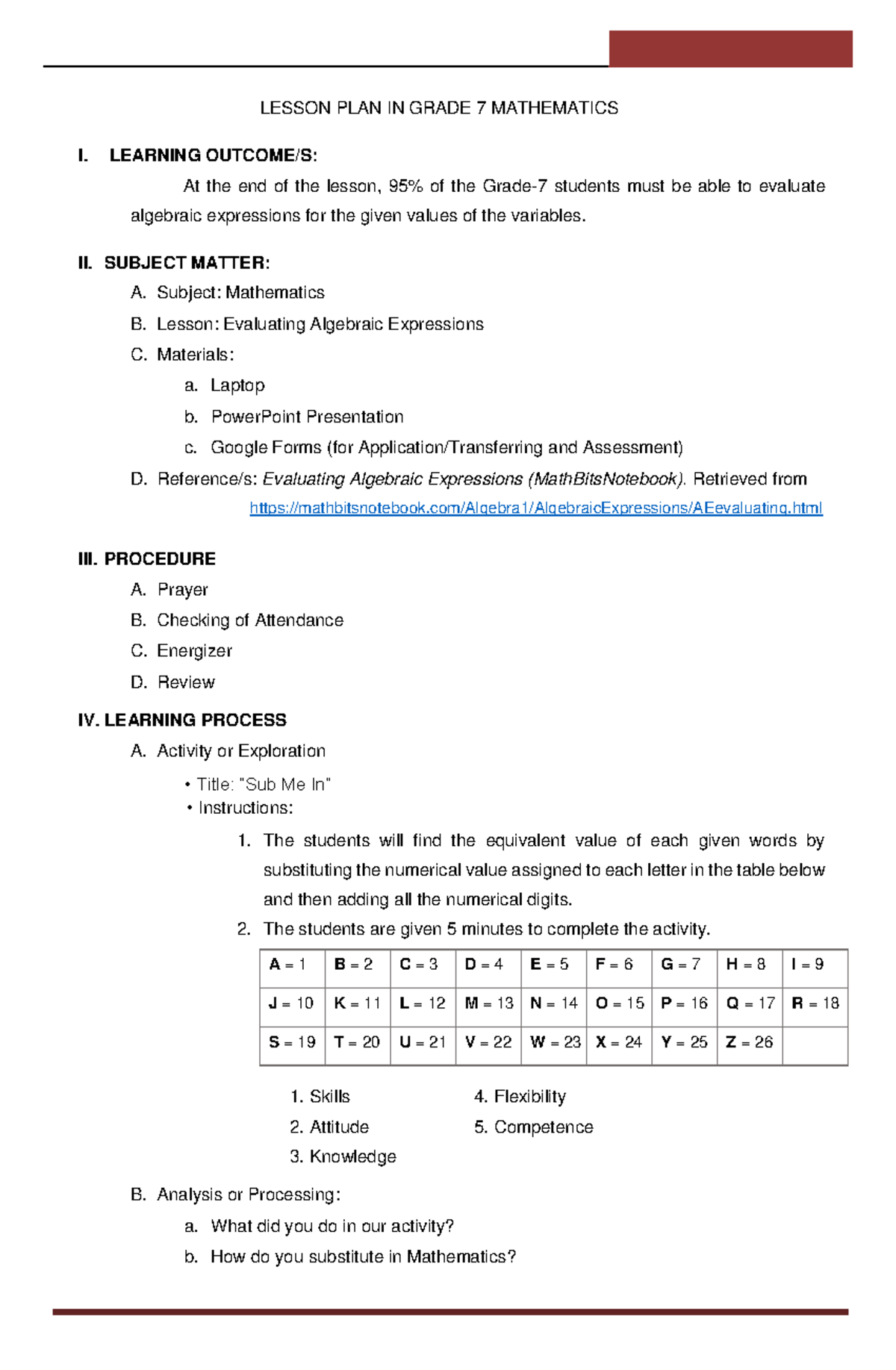 Sample-LP - guide - LESSON PLAN IN GRADE 7 MATHEMATICS I. LEARNING ...
