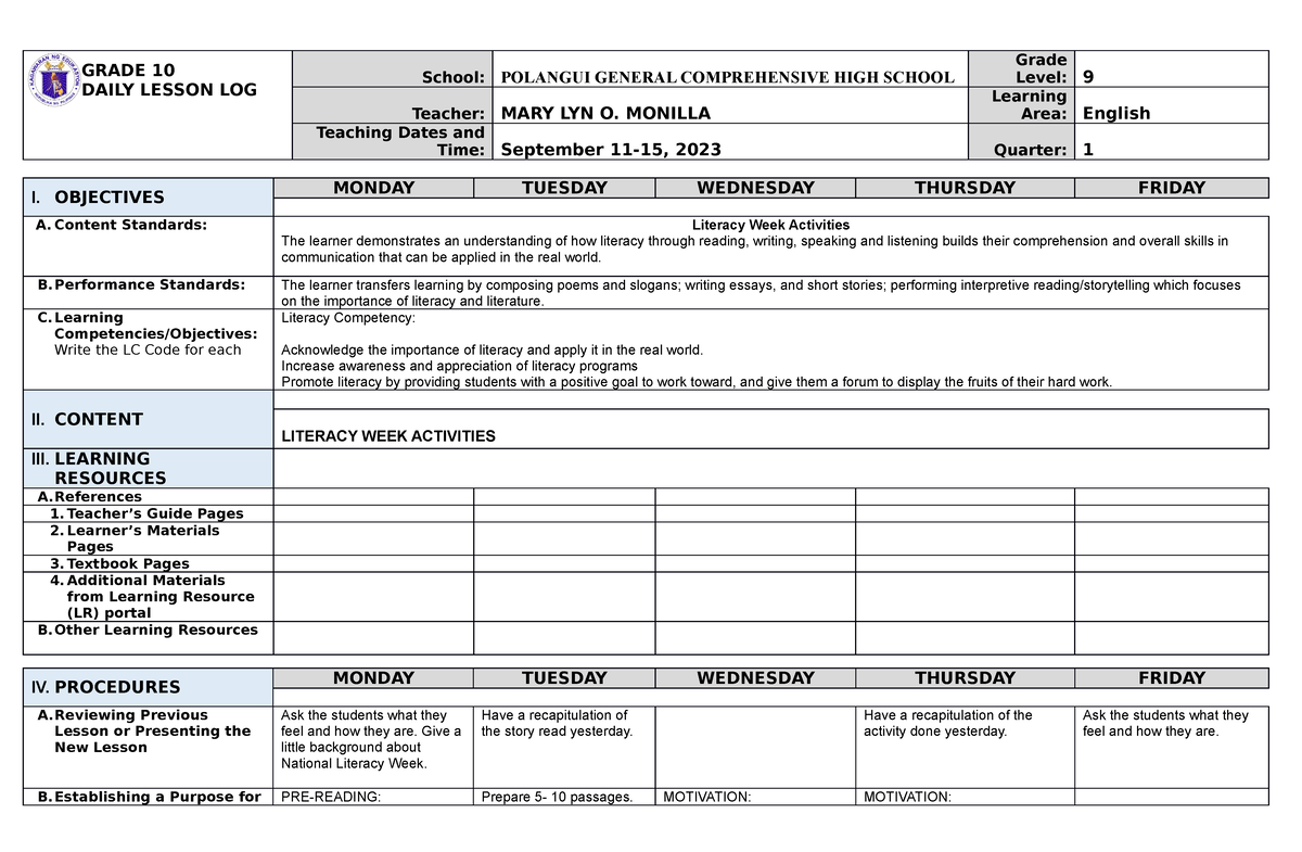 Litweek DLL - Lesson plan in English 9 - GRADE 10 DAILY LESSON LOG ...