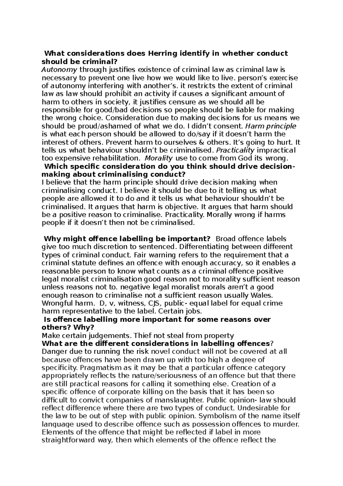 Criminal tutorial 1 What considerations does Herring identify in