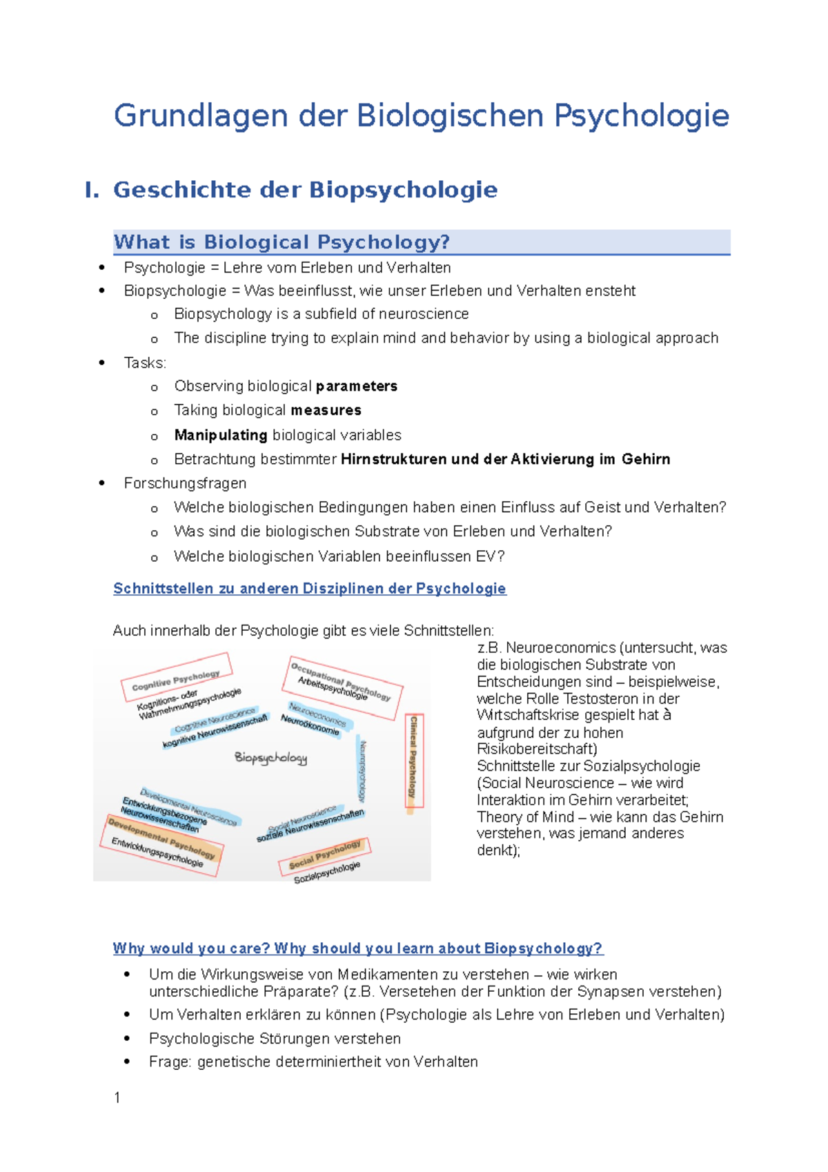 Zusammenfassung Biologische Psychologie I Semester I - Grundlagen Der ...