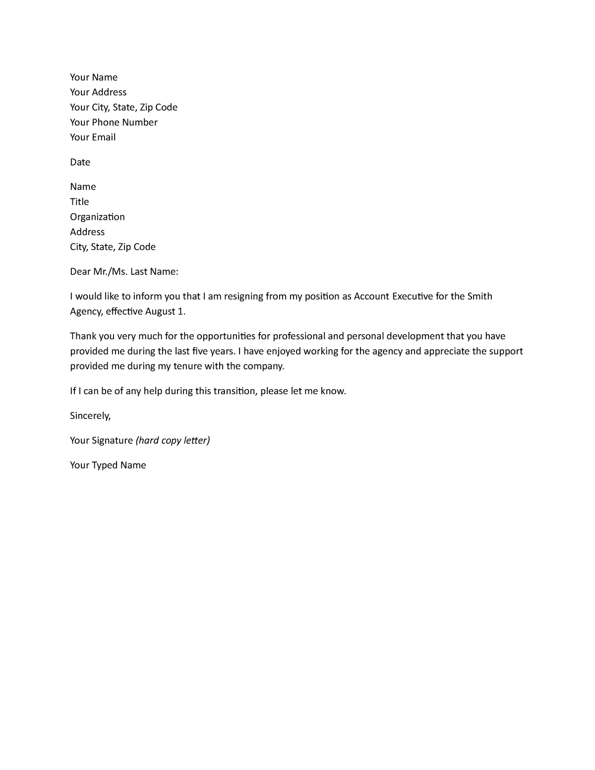 Resignation Letter template - Your Name Your Address Your City, State ...