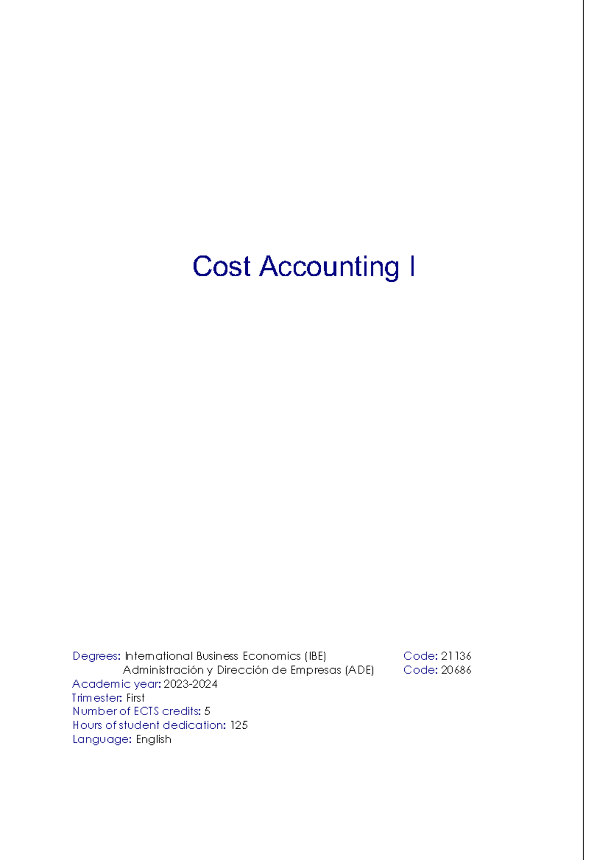 Cost Accounting I PDA 2023 Cost Accounting I Degrees International