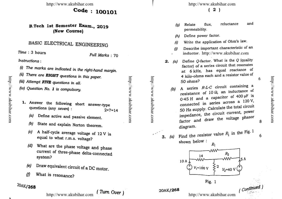 Btech 1 Sem Basic Electrical Engineering 100101 2019 - B.tech(IT), B ...