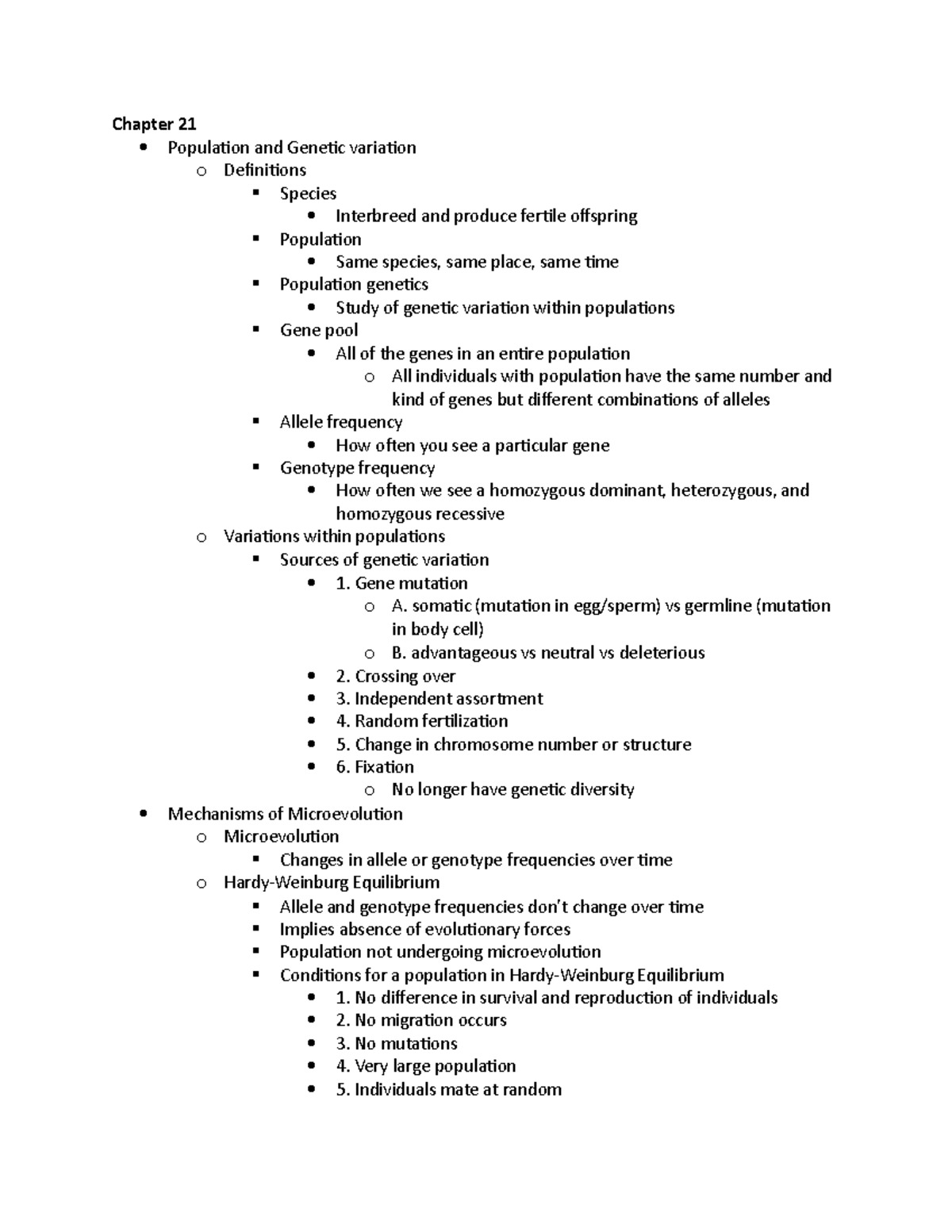 Bio exam 4 lecture notes - Chapter 21 Population and Genetic variation ...