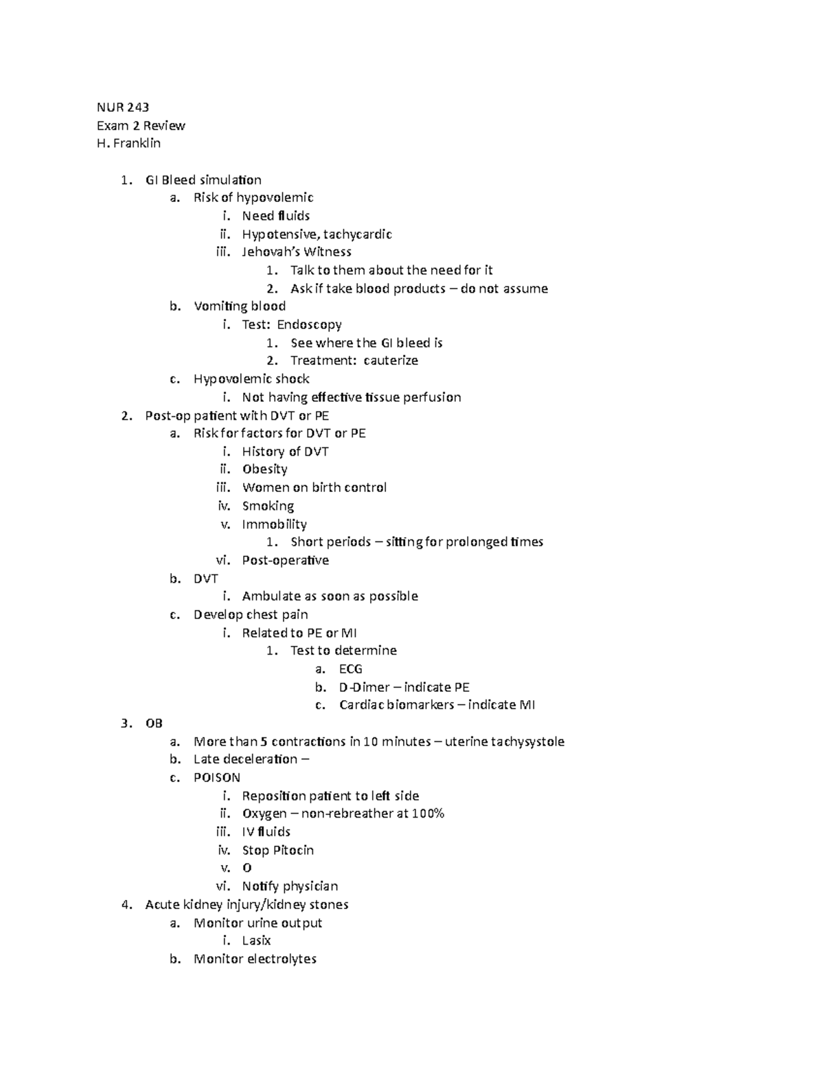 NUR 243 - Exam 2 Review - HFranklin - NUR 243 Exam 2 Review H. Franklin ...