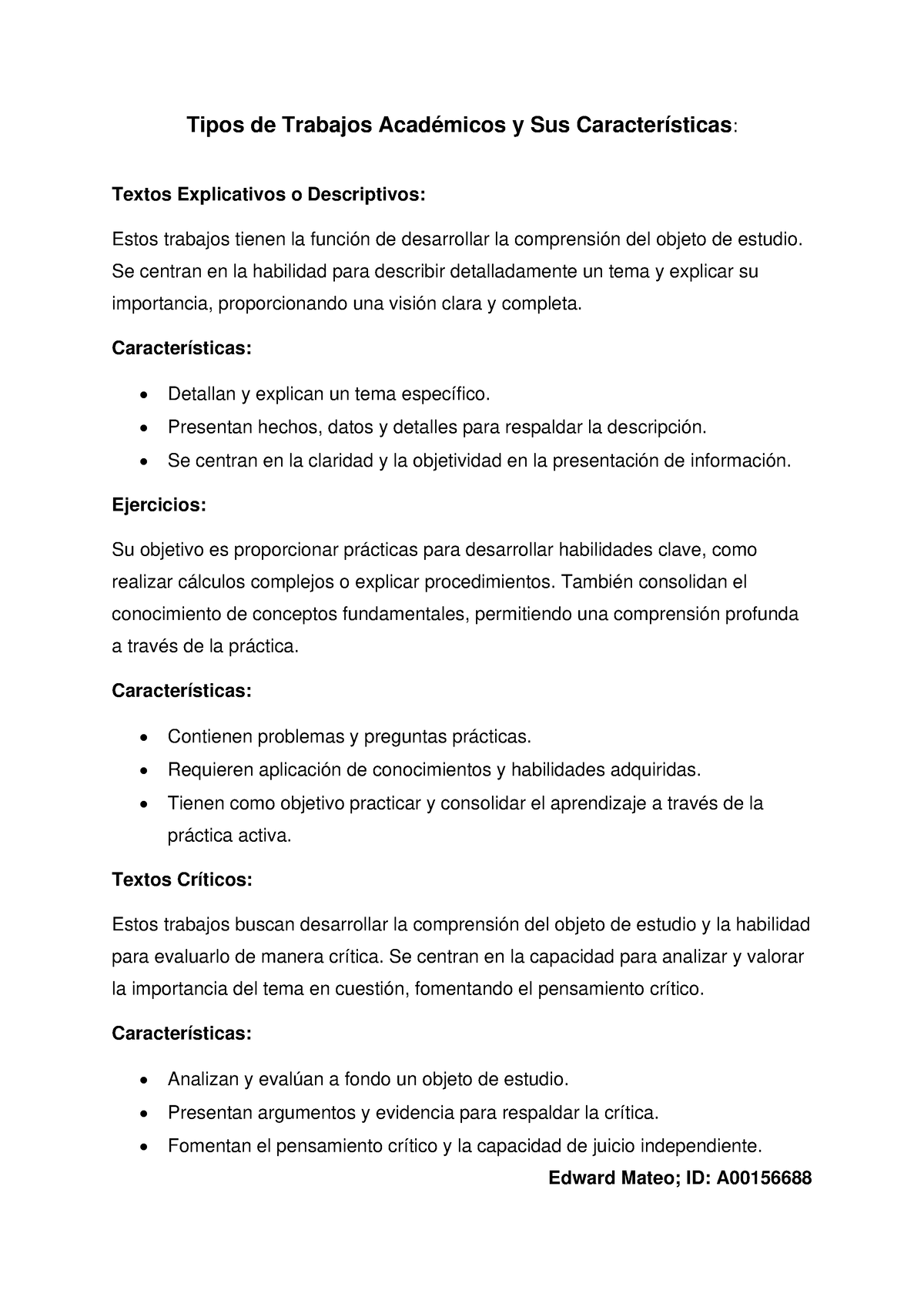 Unidad 2 Actividad 1 Tipos de Trabajos Académicos Tipos de Trabajos Académicos y Sus Studocu