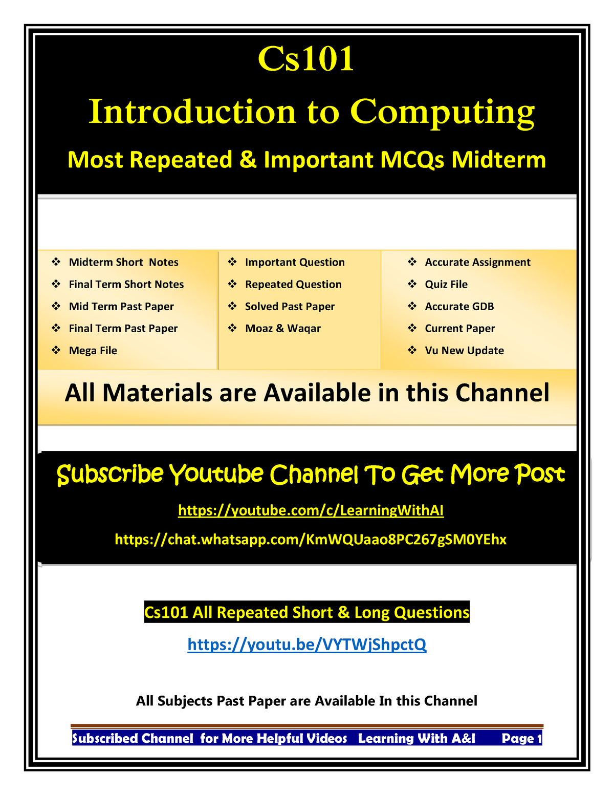 Cs101 Imp MCQs Midterm - Cs101 All Repeated Short & Long Questions ...