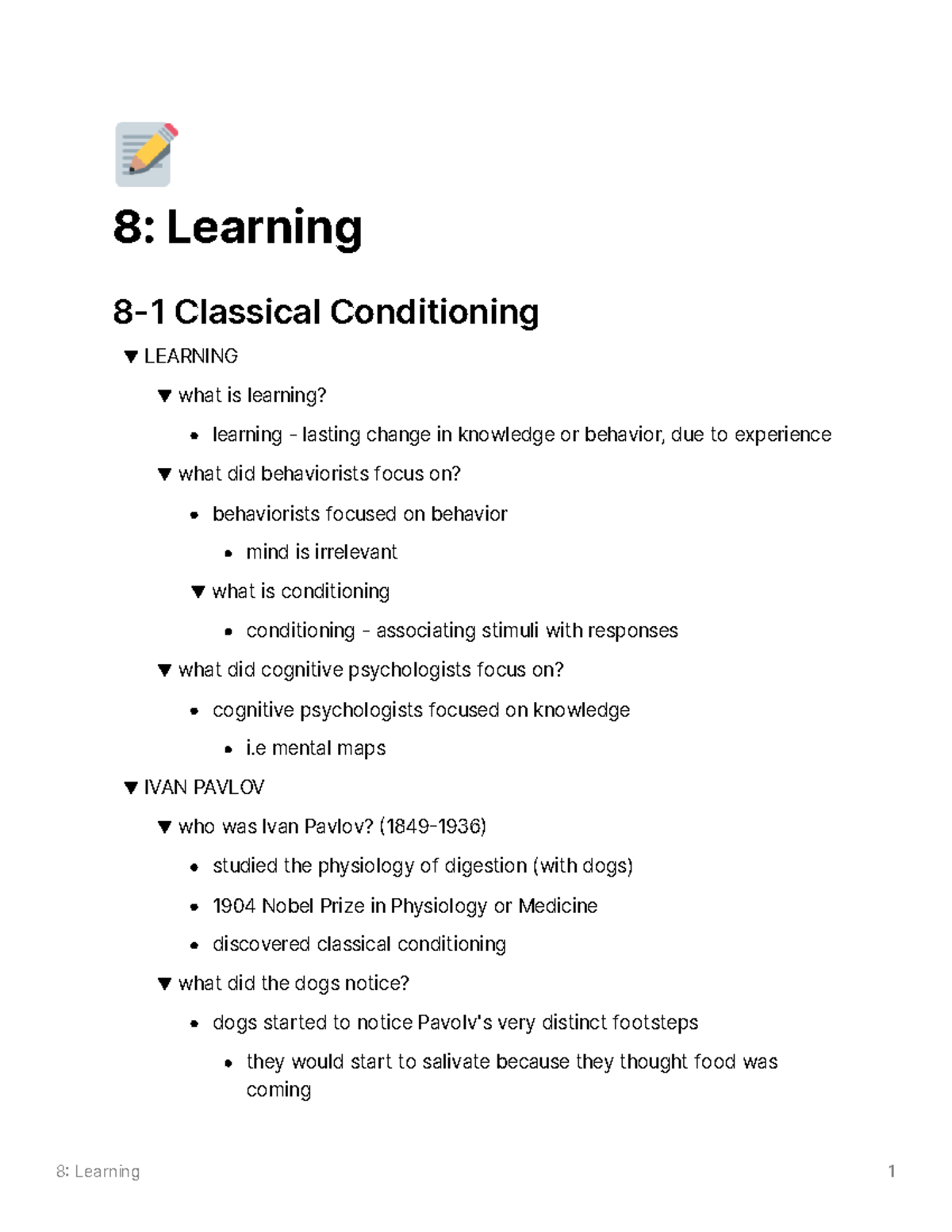 8 Learning - Psy 1 Lecture 8 - Ë 8: Learning 8-1 Classical Conditioning ...