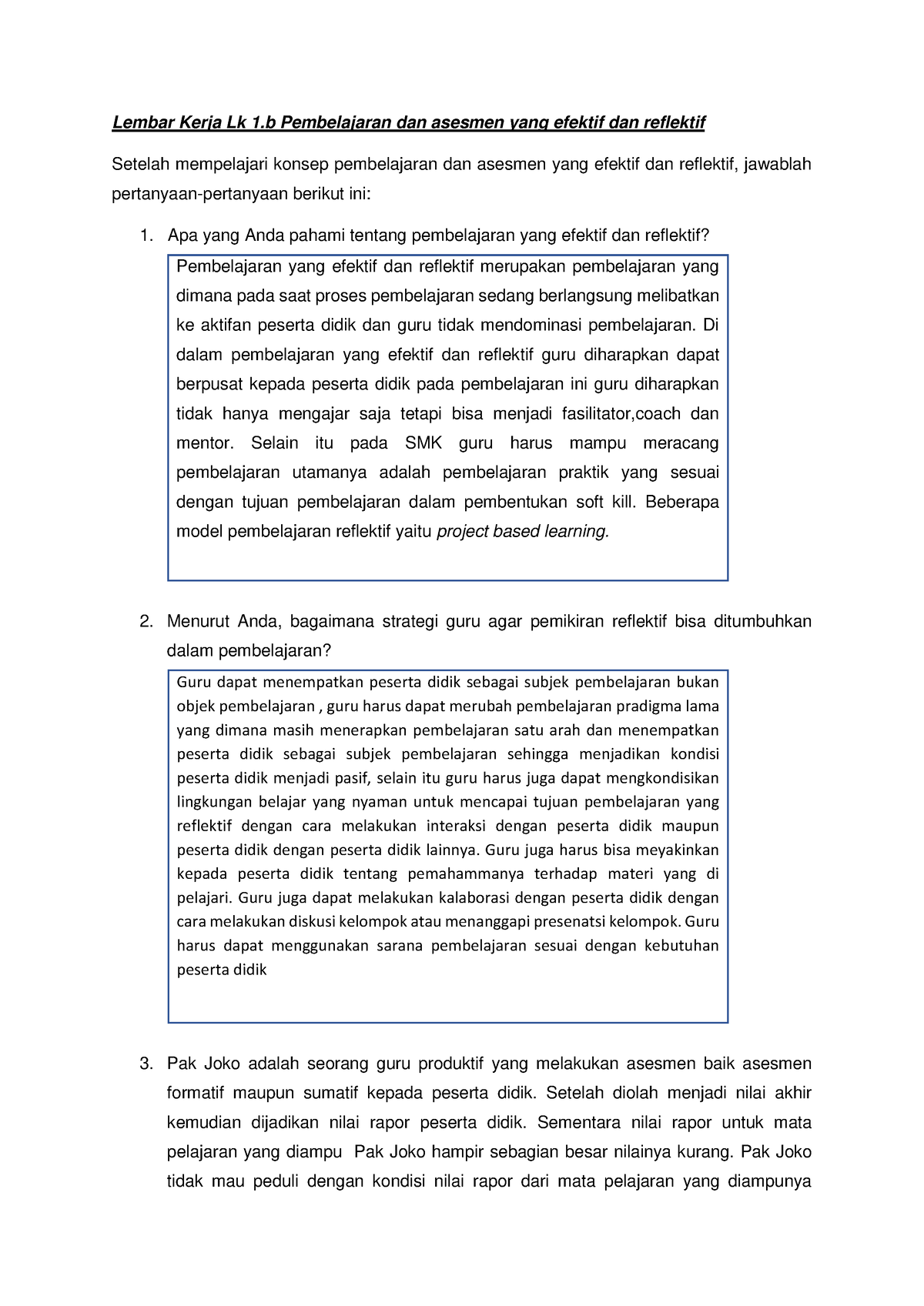 Lembar Kerja Lk 1.b Pembelajaran Dan Asesmen Yang Efektif Dan Reflektif ...