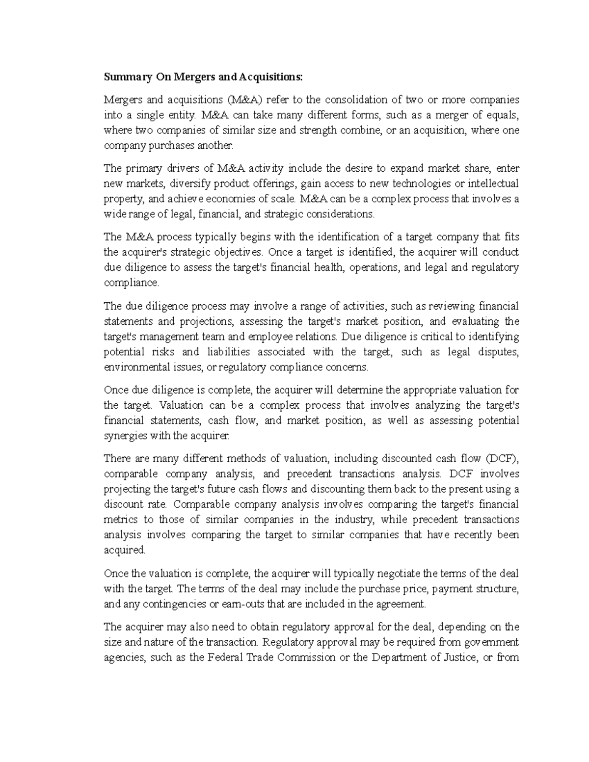 Summary On Mergers and Acquisitions - Summary On Mergers and ...